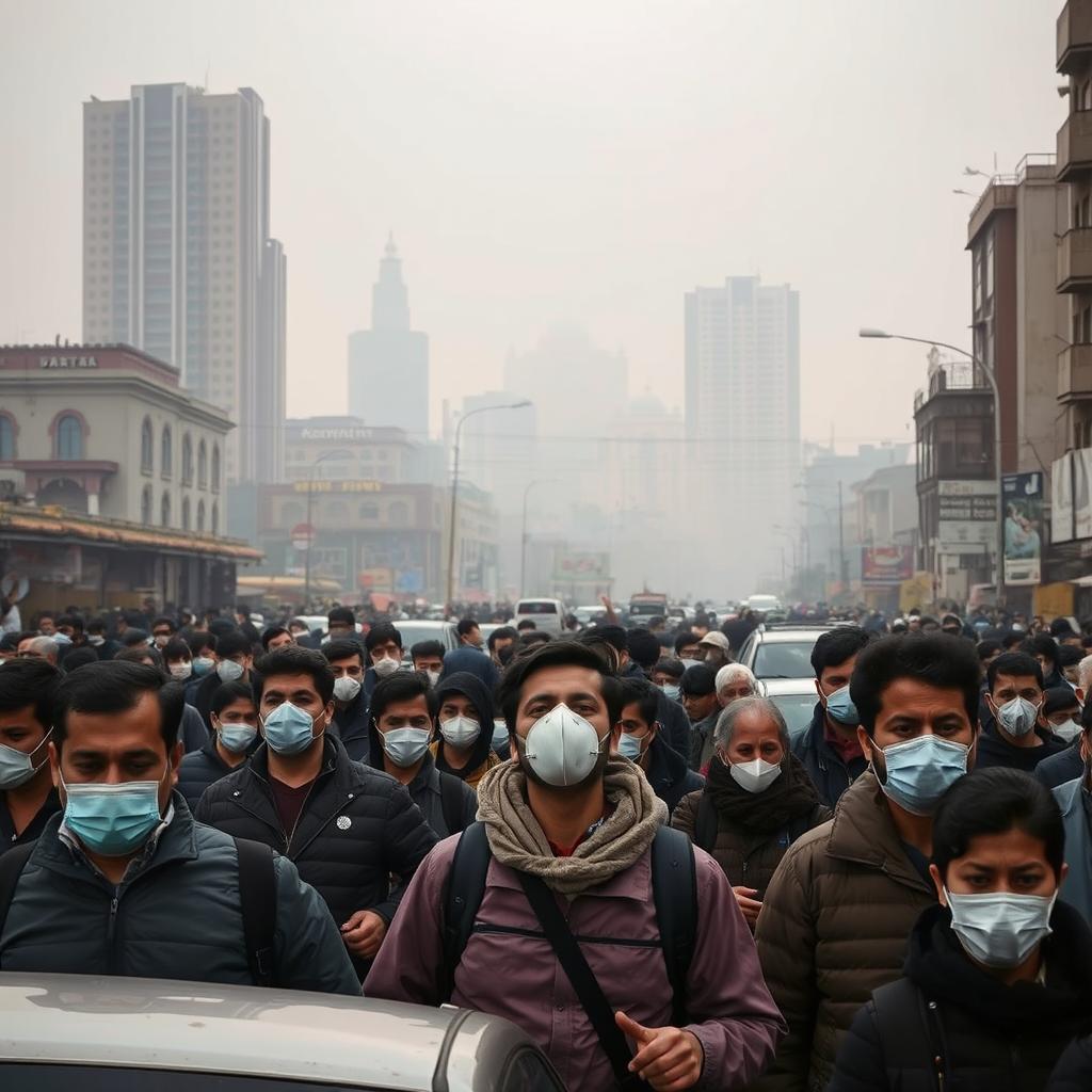 A bustling urban scene in Tehran, showcasing a densely populated street filled with people wearing masks due to air pollution