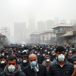 A bustling urban scene in Tehran, showcasing a densely populated street filled with people wearing masks due to air pollution