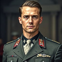 A portrait of a handsome man dressed in a sharp military uniform reminiscent of World War II German generals, featuring ornate insignias, a crisp collar, and structured shoulders