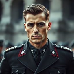 A portrait of a handsome man dressed in a sharp military uniform reminiscent of World War II German generals, featuring ornate insignias, a crisp collar, and structured shoulders