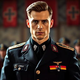 A portrait of a handsome man dressed in a sharp military uniform reminiscent of World War II German generals, featuring ornate insignias, a crisp collar, and structured shoulders