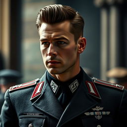 A portrait of a handsome man dressed in a sharp military uniform reminiscent of World War II German generals, featuring ornate insignias, a crisp collar, and structured shoulders