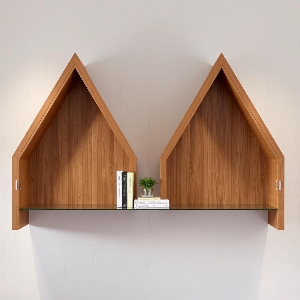 Two stylish triangular-headed study cabinets mounted on a wall, each with a sleek and modern design, featuring sharp edges and a minimalist aesthetic