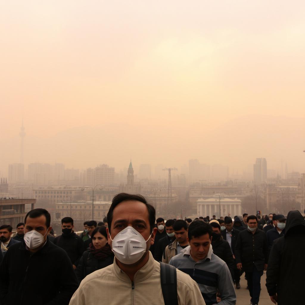 A view of Tehran struggling with air pollution, showing people walking through the hazy streets, visibly breathing hard due to poor air quality