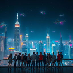 A captivating night scene of a futuristic city skyline, filled with dazzling neon lights, towering skyscrapers, and flying vehicles, reflecting a blend of advanced technology and cyberpunk aesthetics