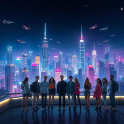 A captivating night scene of a futuristic city skyline, filled with dazzling neon lights, towering skyscrapers, and flying vehicles, reflecting a blend of advanced technology and cyberpunk aesthetics