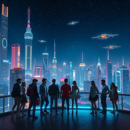 A captivating night scene of a futuristic city skyline, filled with dazzling neon lights, towering skyscrapers, and flying vehicles, reflecting a blend of advanced technology and cyberpunk aesthetics