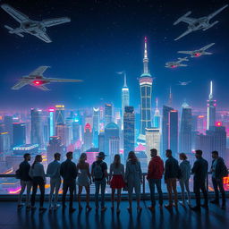 A captivating night scene of a futuristic city skyline, filled with dazzling neon lights, towering skyscrapers, and flying vehicles, reflecting a blend of advanced technology and cyberpunk aesthetics