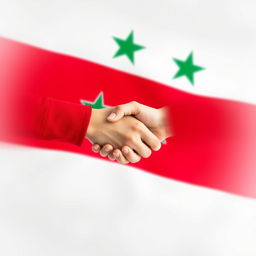 A creative representation of the Syrian flag, prominently displayed with two hands performing a handshake across the center of the flag