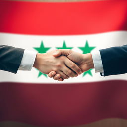 A creative representation of the Syrian flag, prominently displayed with two hands performing a handshake across the center of the flag