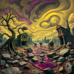 A surreal landscape where everything appears distorted and deformed, featuring twisted trees, melting buildings, and a sky filled with ominous, swirling clouds