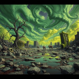 A surreal landscape where everything appears distorted and deformed, featuring twisted trees, melting buildings, and a sky filled with ominous, swirling clouds