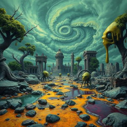 A surreal landscape where everything appears distorted and deformed, featuring twisted trees, melting buildings, and a sky filled with ominous, swirling clouds