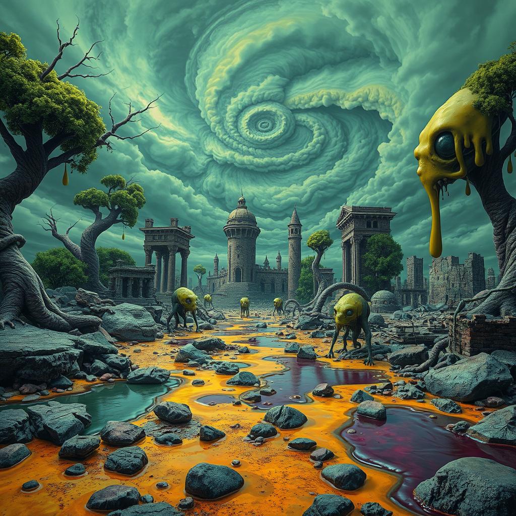 A surreal landscape where everything appears distorted and deformed, featuring twisted trees, melting buildings, and a sky filled with ominous, swirling clouds