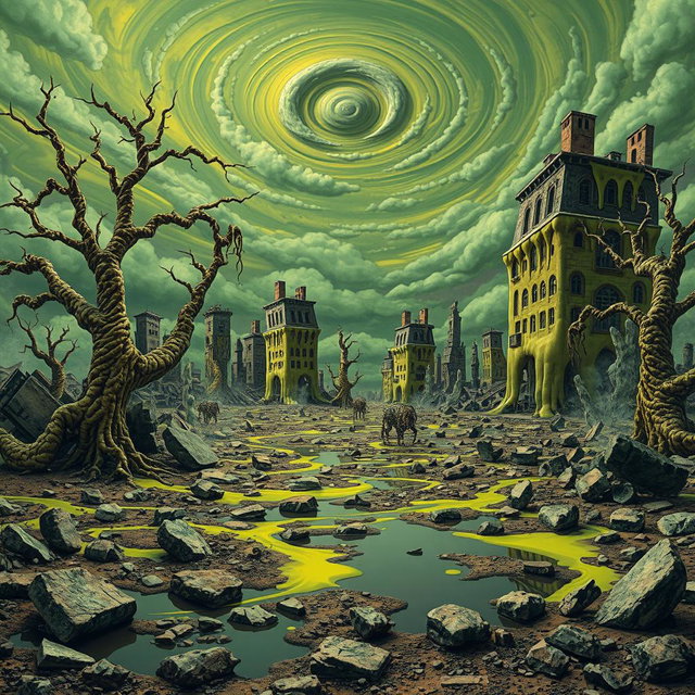 A surreal landscape where everything appears distorted and deformed, featuring twisted trees, melting buildings, and a sky filled with ominous, swirling clouds