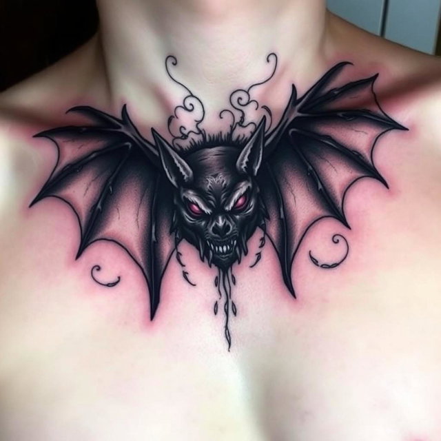 An eerie tattoo design of a creepy bat positioned on the clavicle area