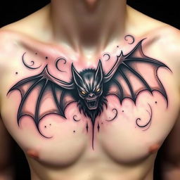 An eerie tattoo design of a creepy bat positioned on the clavicle area