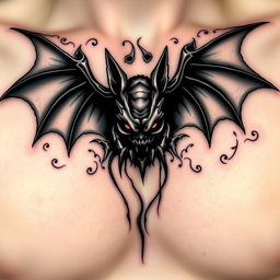 An eerie tattoo design of a creepy bat positioned on the clavicle area