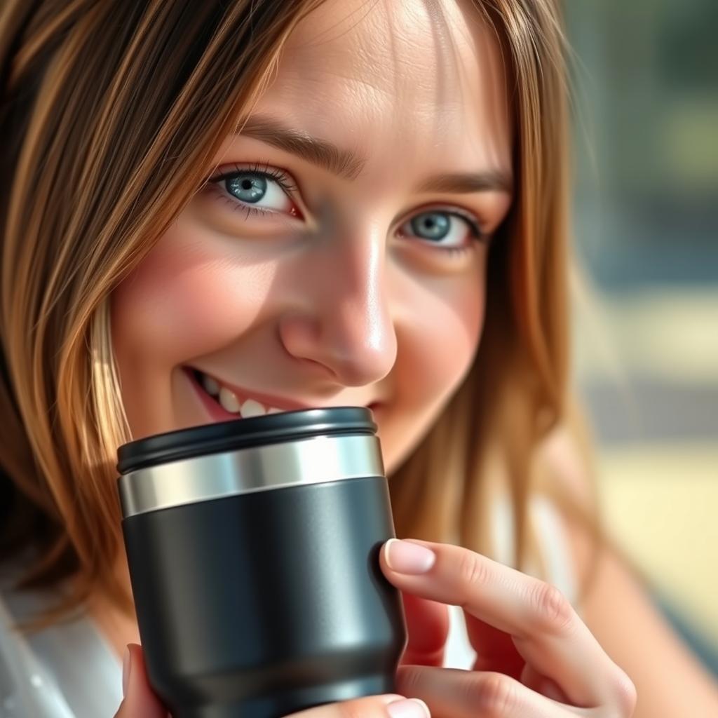 A close-up portrait of a person holding a travel mug next to their face, showcasing a warm and inviting smile