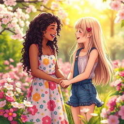 A heartwarming scene depicting a deep and joyful friendship between two girls