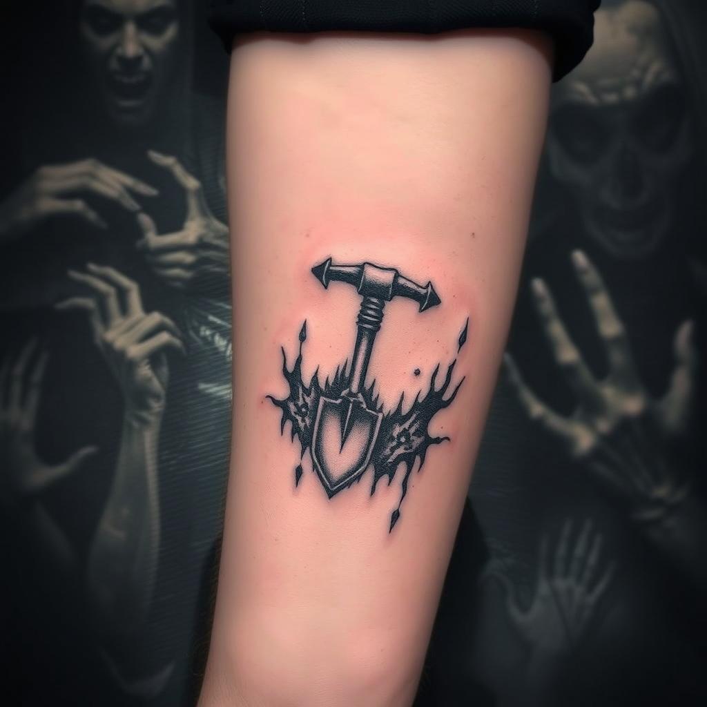 A creepy tattoo featuring a small pickaxe and shovel design on a forearm