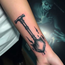 A creepy tattoo featuring a small pickaxe and shovel design on a forearm