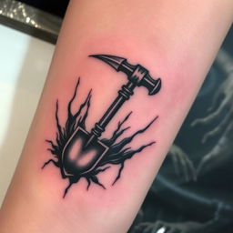 A creepy tattoo featuring a small pickaxe and shovel design on a forearm