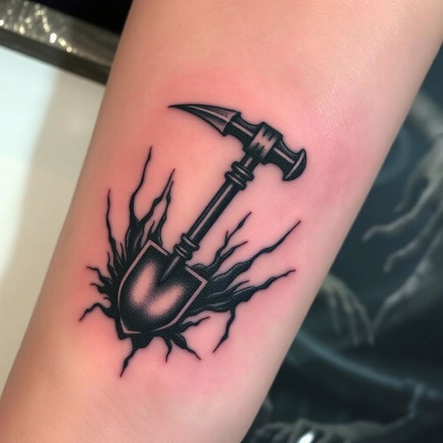 A creepy tattoo featuring a small pickaxe and shovel design on a forearm