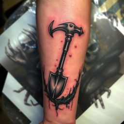 A creepy tattoo featuring a small pickaxe and shovel design on a forearm