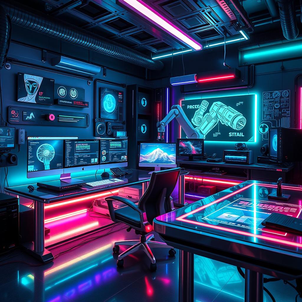 A futuristic cyber studio filled with advanced technology, glowing LED lights, sleek metallic surfaces, and holographic displays