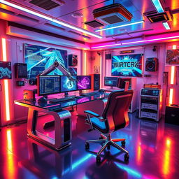 A futuristic cyber studio filled with advanced technology, glowing LED lights, sleek metallic surfaces, and holographic displays