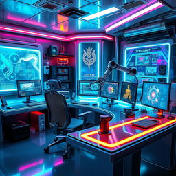 A futuristic cyber studio filled with advanced technology, glowing LED lights, sleek metallic surfaces, and holographic displays