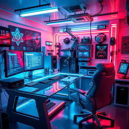 A futuristic cyber studio filled with advanced technology, glowing LED lights, sleek metallic surfaces, and holographic displays