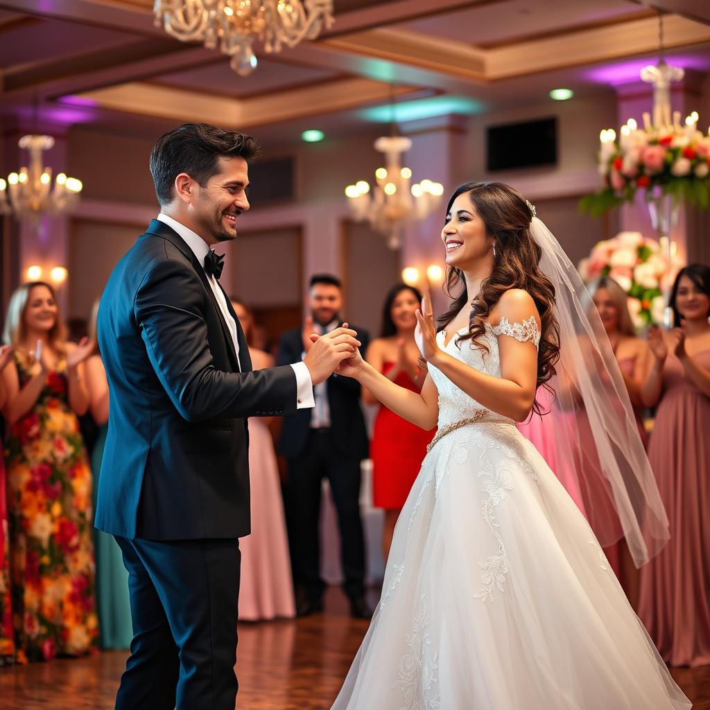 A beautiful bride in a flowing white gown adorned with intricate lace details and a groom in a classic black tuxedo with a crisp white shirt, both smiling radiantly as they dance together joyfully