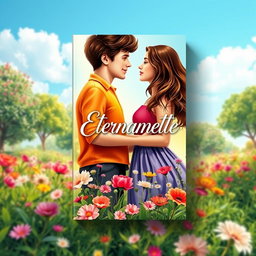 A vibrant and fresh book cover for a novel titled 'Eternamente'