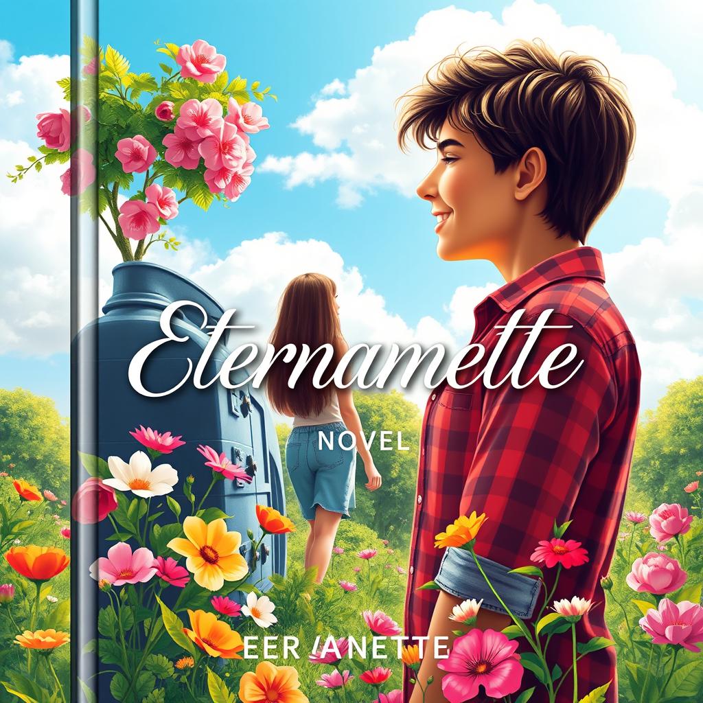 A vibrant and fresh book cover for a novel titled 'Eternamente'
