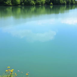 An image of a serene landscape featuring a tranquil lake surrounded by lush green trees, with a clear blue sky reflected in the water