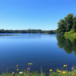 An image of a serene landscape featuring a tranquil lake surrounded by lush green trees, with a clear blue sky reflected in the water