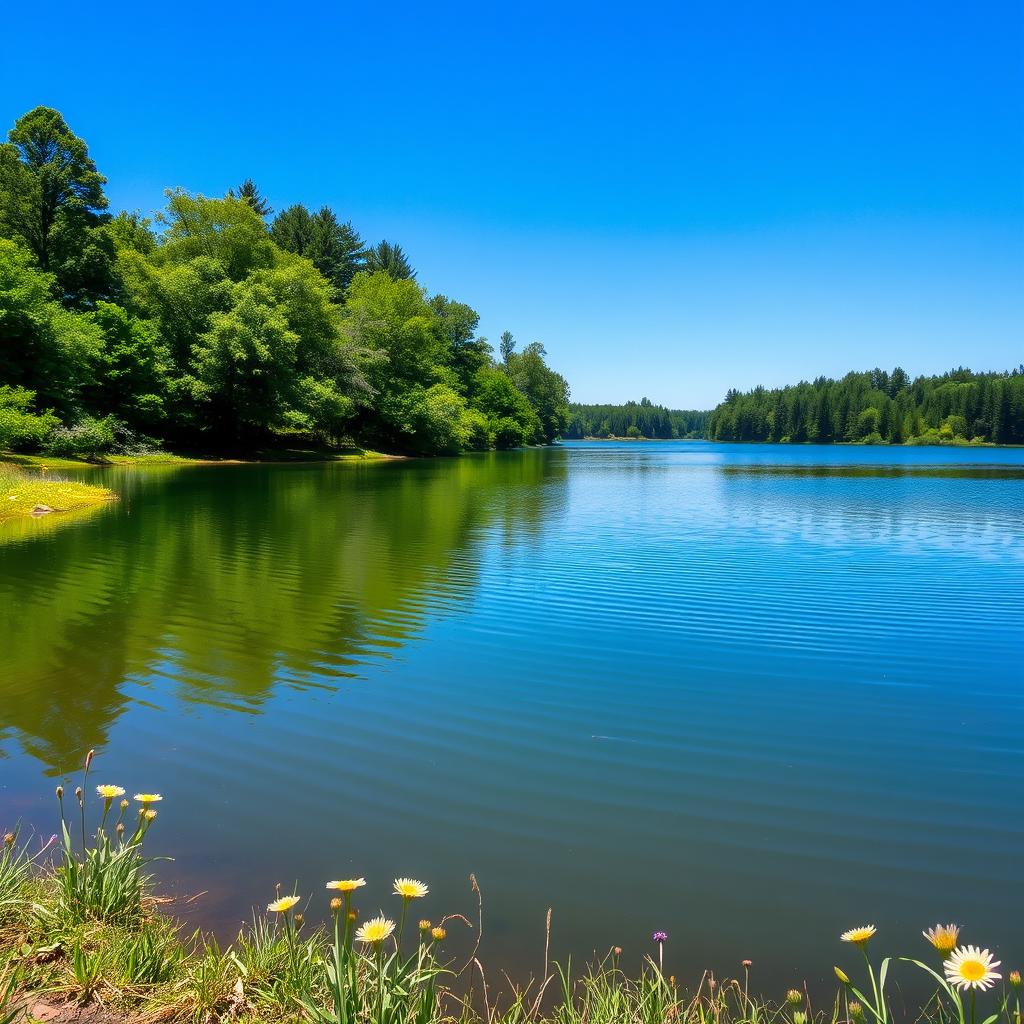 An image of a serene landscape featuring a tranquil lake surrounded by lush green trees, with a clear blue sky reflected in the water