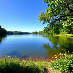 An image of a serene landscape featuring a tranquil lake surrounded by lush green trees, with a clear blue sky reflected in the water