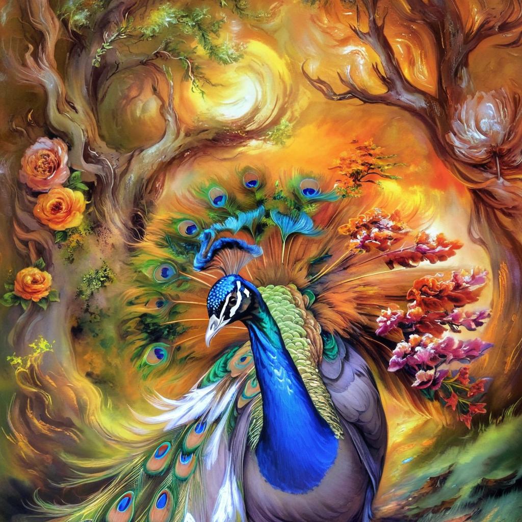 A beautiful peacock in the middle of colorful flowers