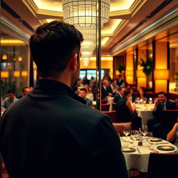 A man standing in front of a mirror, his reflection visible as he gazes thoughtfully at himself