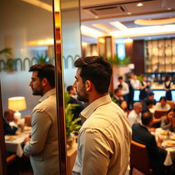 A man standing in front of a mirror, his reflection visible as he gazes thoughtfully at himself