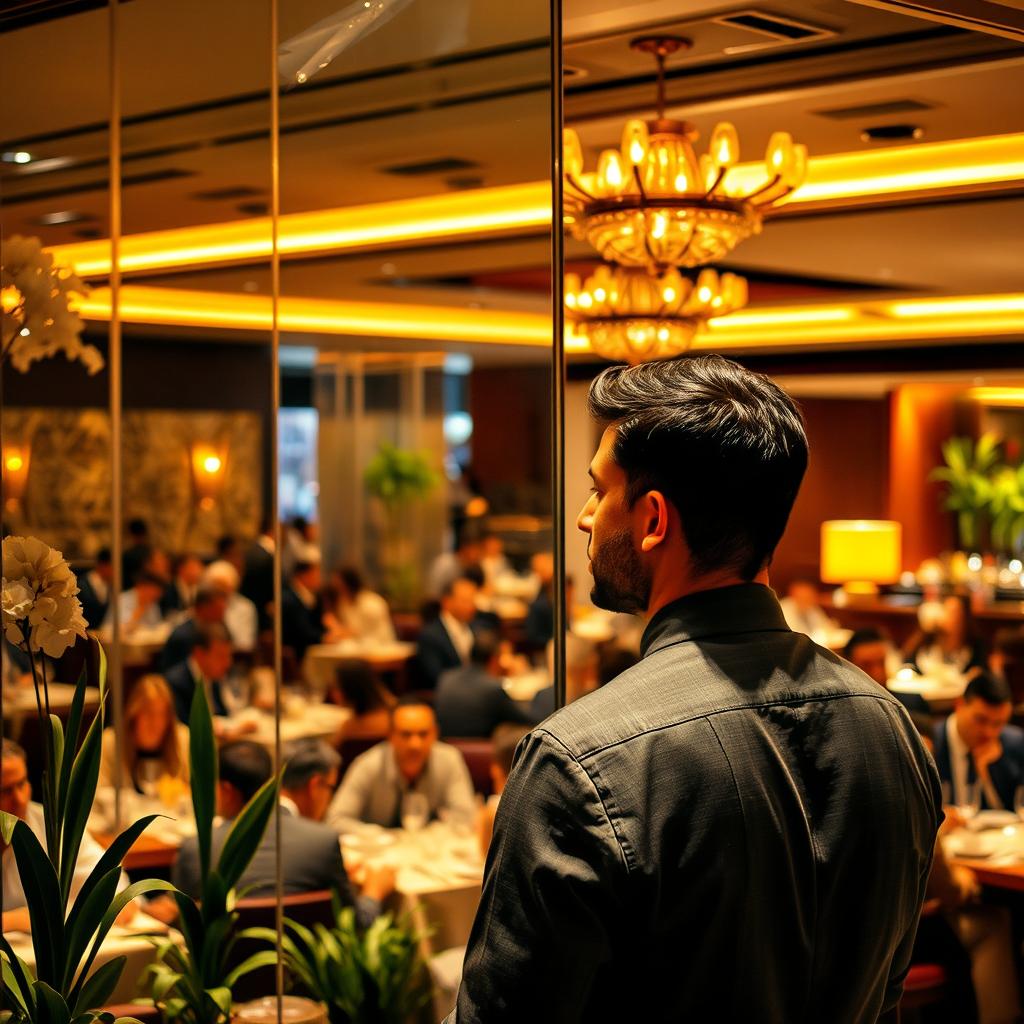 A man standing in front of a mirror, his reflection visible as he gazes thoughtfully at himself