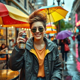 A vibrant scene of a fashionable person at a lively outdoor café, holding a can of hair spray, who is playfully using it to protect their stylish hair from the rain