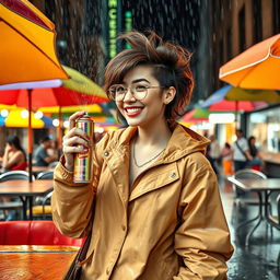A vibrant scene of a fashionable person at a lively outdoor café, holding a can of hair spray, who is playfully using it to protect their stylish hair from the rain