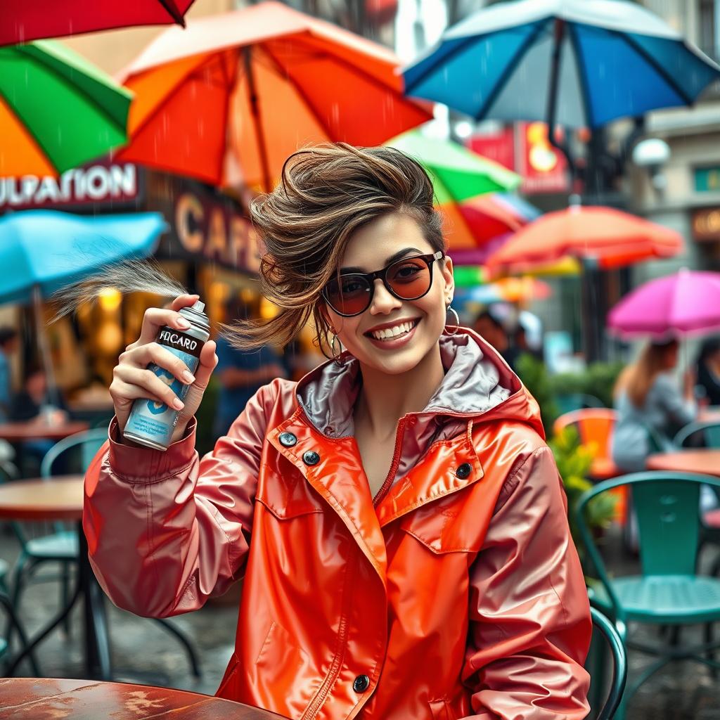 A vibrant scene of a fashionable person at a lively outdoor café, holding a can of hair spray, who is playfully using it to protect their stylish hair from the rain