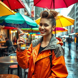 A vibrant scene of a fashionable person at a lively outdoor café, holding a can of hair spray, who is playfully using it to protect their stylish hair from the rain