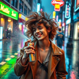 A vibrant scene depicting a person with a stylish hairstyle enjoying a vibrant city street while it's raining