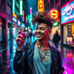 A vibrant scene depicting a person with a stylish hairstyle enjoying a vibrant city street while it's raining